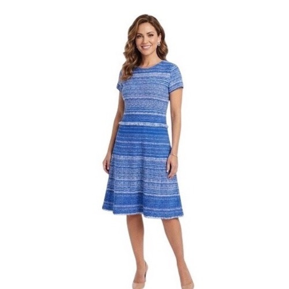 Misook Blue White Textured‎ Knit Fringe Trim A-Line Dress XL K6987E NWT